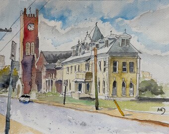 St Francis Xavier Cathdral- 9” x 12” watercolor on paper original. Matted and framed
