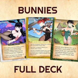 May include: Three fantasy-themed trading cards with illustrations of women in bunny costumes. The cards are labeled "Bunnies" and "Full Deck". The cards have text describing game mechanics.