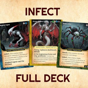 Puede incluir: Tres cartas de Magic: The Gathering con arte de fantasía. Las cartas están etiquetadas como "Blighted Agent", "Atraxa, Praetors' Voice" y "Blightwidow". La palabra "INFECT" está en la parte superior y "FULL DECK" en la inferior.
