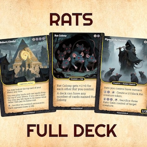 Puede incluir: Tres cartas de Magic: The Gathering con temática de ratas. Las cartas incluyen "Bolas's Citadel", "Rat Colony" y "Piper of the Swarm". Las palabras "RATS" y "FULL DECK" se muestran en letras grandes.