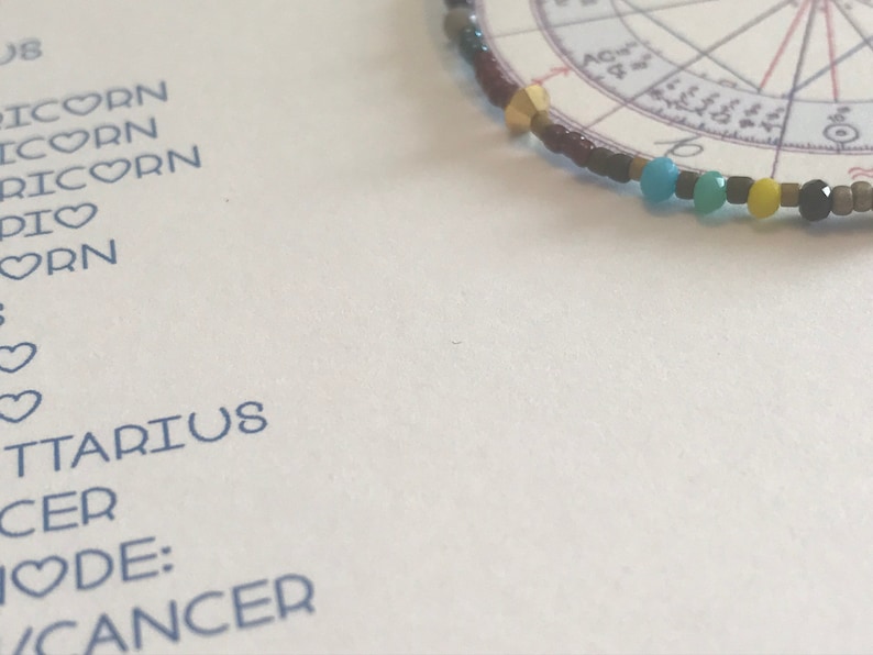 K&ouml;nnte beinhalten: Nahaufnahme eines Papiers mit einer Liste von Sternzeichen, darunter Steinbock, Sch&uuml;tze und Krebs. Das Papier liegt neben einem Perlenarmband mit einem goldenen Anh&auml;nger.
