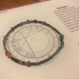 K&ouml;nnte beinhalten: Ein schwarzes Perlenarmband mit bunten Perlen, darunter rote, rosa, blaue und goldene. Das Armband liegt auf einem wei&szlig;en Papier mit einem schwarz-wei&szlig;en astrologischen Diagramm darauf gedruckt. Der Text auf dem Papier lautet "Highlights", "Secret Aries Energy", "Emotional Fighter Water", "Mixed with Fire I Aid", "Venus (Love) Ingedable from", "Mad's Caction), No Shortageace", "Passion and Decide", "Needs a Stable Dartner Wo", "Earth Energy for Balan", "Handles Business An", "No Shit", "Aspect", "Mars Con", "Plu", "&Delta;&alpha;".
