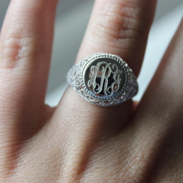 Monogrammed Sterling Silver Ring, Personalized Filigree Ring, Engraved Ring, Personalized Jewelry, Gifts for Her, Monogram Filigree Ring