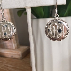 Monogrammed Earring, Sterling Silver Engraved Earring with Rope Trim, French Wire Earrings, Personalized Jewelry, Drop Engraved Earrings