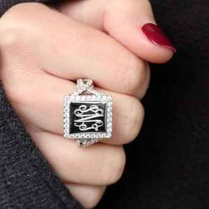 Monogrammed Sterling Silver Ring, Sterling and CZ Ring, Square Sterling Silver Ring, Personalized Jewelry, Gifts for Her, CZ Ring