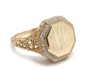 Monogram Sterling Silver Ring, Filigree Ring, Personalized Silver Filigree Ring, Personalized Jewelry, Engraved Sterling Silver Ring Gold