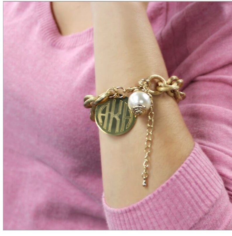 Monogrammed Charm Link Bracelet With Pearl Monogrammed Etsy