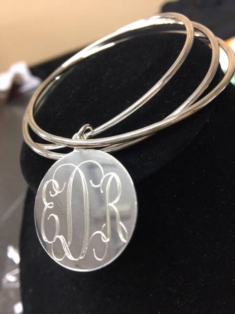 Monogrammed Bracelet, Silver Bracelet, Triple Bangle Bracelet, Bangle, Stackable Bracelet, Personalized Jewelry Monogrammed Jewelry charm image 1