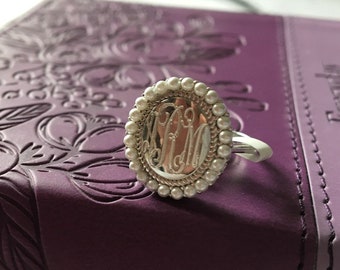 Monogrammed Ring, Sterling Silver Pearl Ring, Personalized Jewelry, Monogrammed Jewelry, Pearl Ring, Silver Ring, Silver Pearl Jewelry