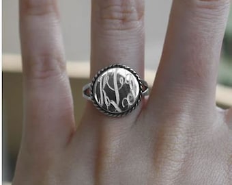 Monogrammed Sterling Silver Ring, Sterling Silver Engraved Ring with Rope Edging, Nautical Rope Edging, Personalized Ring, Gifts for Her