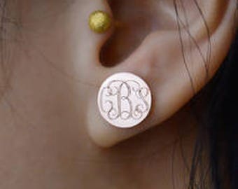 Monogrammed Earrings, Sterling Silver  Gold(Plated) Stud Earrings, Engraved Earrings, Gift for Her, Personalized Jewelry