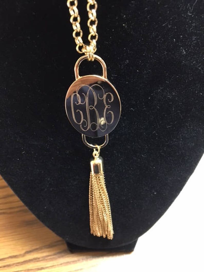Tassel Necklace Monogrammed Necklace Tassel Engraved Tassel Necklace Personalized Jewelry Gold or Silver Gift for Her