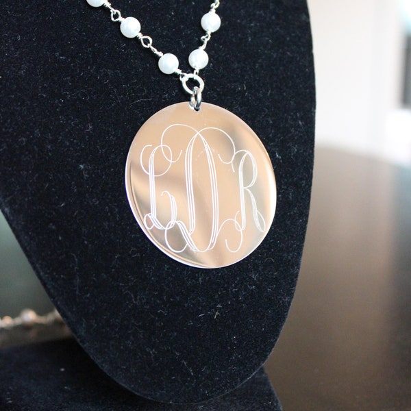 Monogrammed Necklace, Pearl and Gold, Pearl and Silver Necklace, engraved, 2" disc engraved Necklace, Long Necklace Personalized Necklace