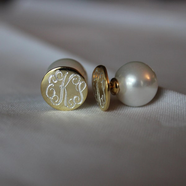 Monogrammed Earrings, Gold Plating Over Sterling Silver, Pearl Back Earrings, Monogrammed Jewelry, Gift for Her, Personalized Jewelry