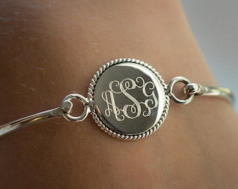 Monogrammed Sterling SIlver Bracelet,  Rope Bangle Bracelet,Stacking Bracelet,Sterling Silver Bracelet, Personalized Jewelry. Gift for Her