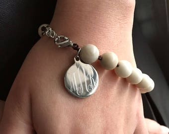 Monogrammed Bracelet, Engraved Beaded Bracelet, Agate Beads Bracelet, Personalized Jewelry, Gift For Her