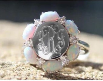 Sterling Silver Monogram Ring, Sterling Silver Opal Ring, Initial Ring, Opal Monogram Ring, Opal Ring, Opal Jewelry, Sterling and Opal Ring