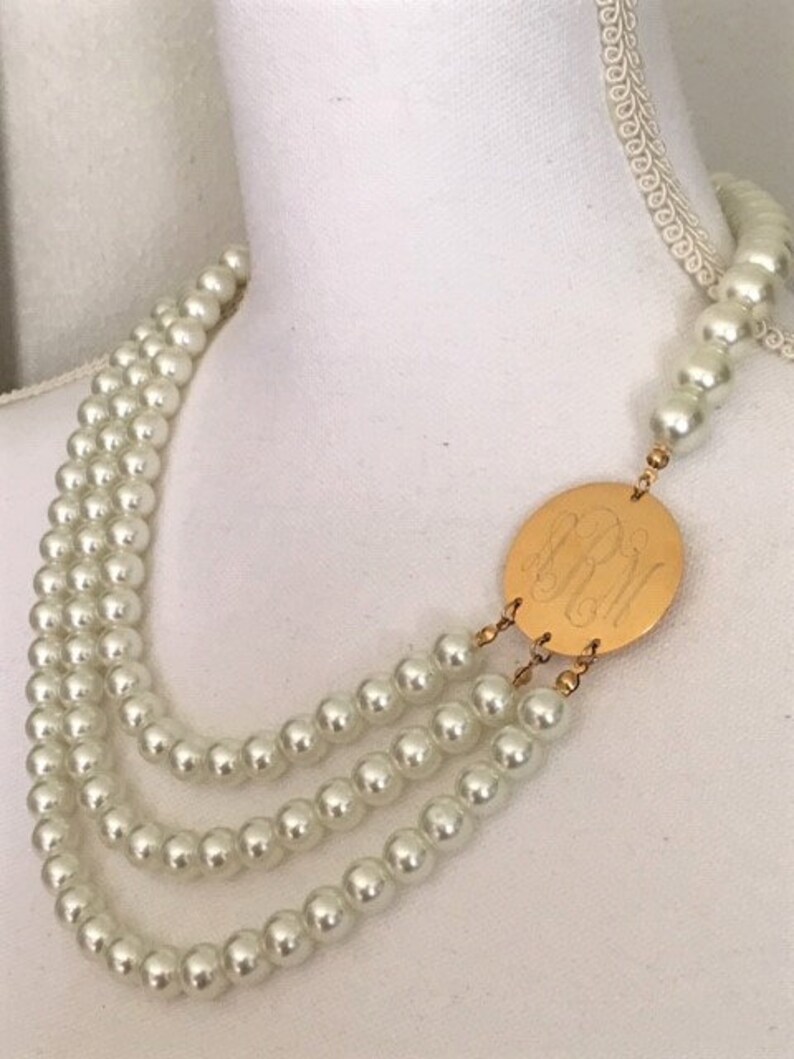 Monogrammed Pearl Necklace Three Strand Pearl Necklace - Etsy