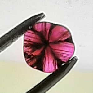 以下が含まれることがあります： 鮮やかなピンクとマゼンタのグラデーションを持つ、ファセット加工された楕円形の宝石。 黒いピンセットで白い背景に保持されており、複雑な内部パターンと研磨された表面が示されています。