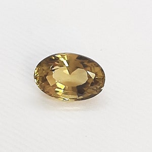 Puede incluir: Una gema de color amarillo dorado, de corte ovalado, con múltiples facetas. La gema tiene una superficie pulida y refleja la luz, mostrando su claridad y brillo. La gema está sobre un fondo blanco.
