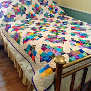 Twin Bed Quilt, Batik Fabric Quilt in Crossroads pattern, Full Size Bedding, Bright Couch Throw