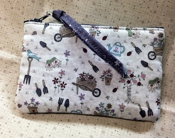 Garden Print Cosmetic Bag, Small Handmade Zipper Pouch, Spring Celebration Coin Purse Gardener Gift