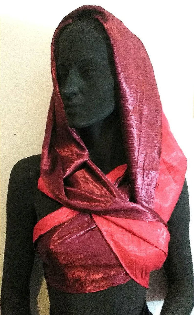 Coral Red and Cranberry REVERSIBLE HALTER-HOODIE Wrap Accessory
