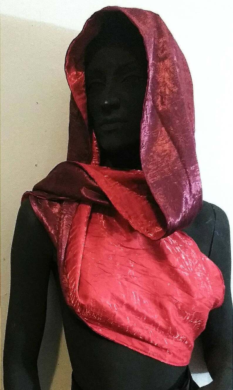 Coral Red and Cranberry REVERSIBLE HALTER-HOODIE Wrap Accessory