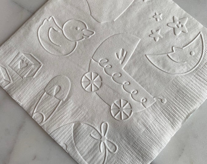 Baby Themed (onesie, moon, carriage, duck, blocks) Hand Embossed Cocktail/Beverage/Dessert Napkins
