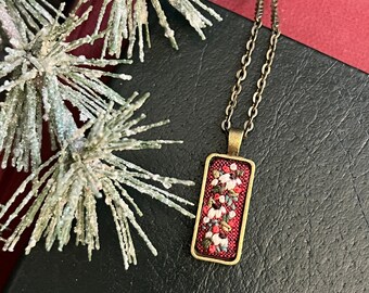 Christmas Rectangle Feminine Hand Embroidered Necklace Pendant - Bouquet of Colorful Roses Dark Holiday Flowers - Modern Embroidery Jewelry