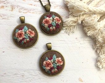 Floral Feminine Hand Embroidered Necklace Pendant - Bouquet of Pink, Peach Leaf Flowers - Bronze Pendant - Embroidery Jewelry