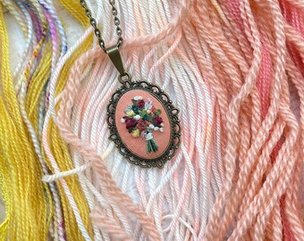 Detailed Hand Embroidered Necklace Pendant - Bouquet of Pink Peach Wildflowers Flowers Rose Maroon Cotton - Antiqued Bronze Oval