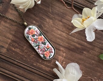 Bronze Long Oval Diamond Feminine Hand Embroidered Necklace Pendant - Bouquet of Colorful Flowers - Modern Embroidery Jewelry