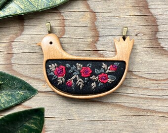 Wooden Hand Carved Bird Hand Embroidered Necklace Pendant - Bouquet Yellow Orange Rose Flowers - Cotton Bronze Gold