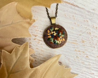 Fall Autumn Floral Feminine Hand Embroidered Necklace Pendant - Bouquet of Orange, Yellow Leaf Flowers - Bronze Pendant - Embroidery Jewelry