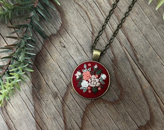 Winter Floral Feminine Hand Embroidered Necklace Pendant - Bouquet of White Red Leaf Flowers - Bronze Pendant - Embroidery Jewelry