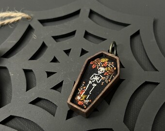 Tiny Halloween Hand Embroidered Necklace Pendant - Skull Skeleton Flowers Floral - Flower Coffin Casket Morbid death - Black Cotton