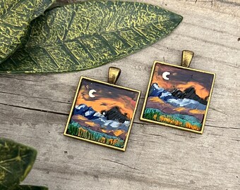 Tiny Miniature Handmade Sculpture Necklace - Polymer Clay Mini Wearable Art - Landscape Nature Scene - Hand Sculpted Pendant Mountain Trees