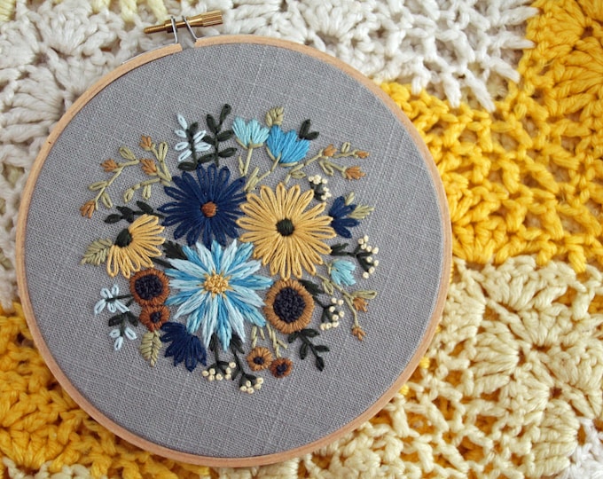Floral Bouquet Embroidery Hoop Art Blue and Yellow Flowers - Etsy