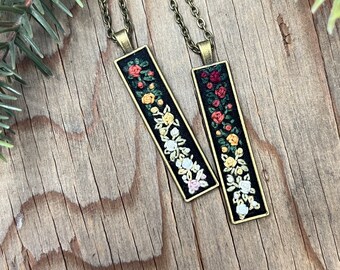 Bronze Rectangle Feminine Hand Embroidered Necklace Pendant - Bouquet of Ombré Rainbow Flowers Leaves - Modern Embroidery Jewelry