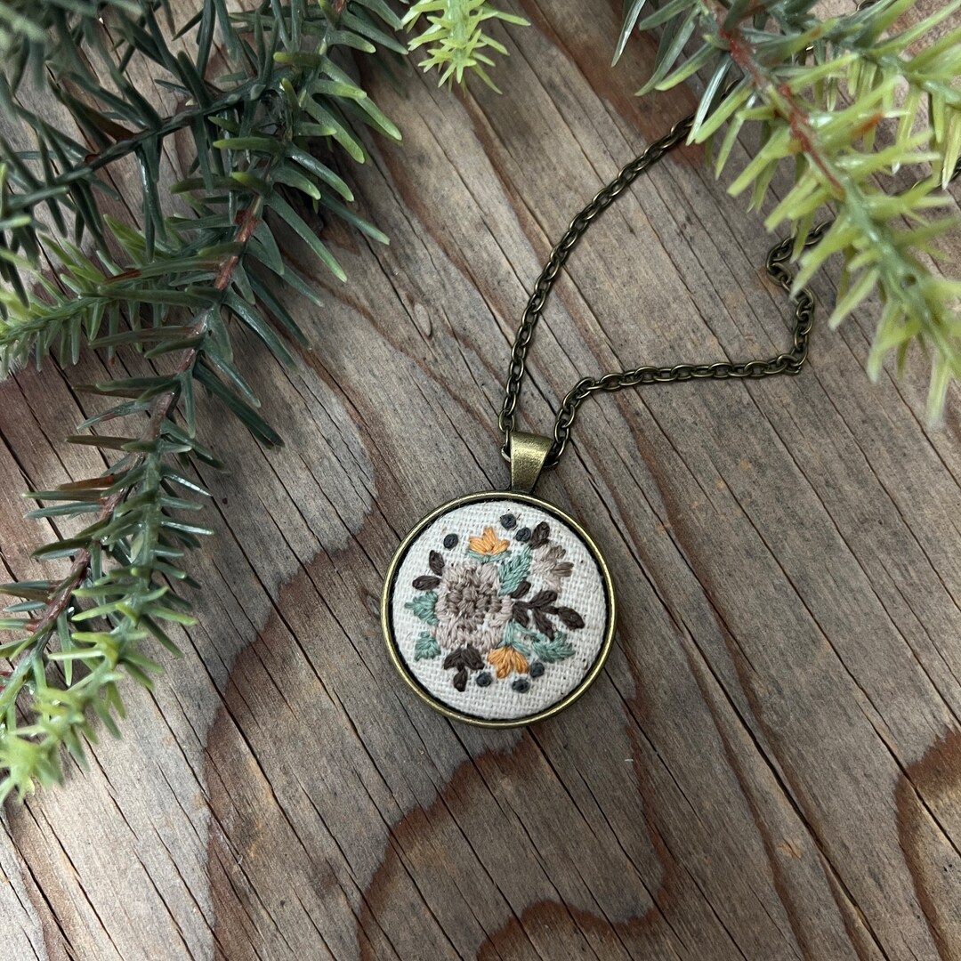 Floral Feminine Hand Embroidered Necklace Pendant Bouquet of Tan Neutral Leaf Flowers Bronze