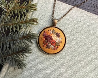 Floral Feminine Hand Embroidered Necklace Pendant - Bouquet of Yellow, Peach Leaf Flowers - Bronze Pendant - Embroidery Jewelry