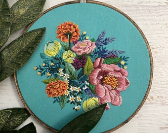 Flower Bright Rainbow Floral Bouquet Embroidery Hoop Art - Detailed Pink Peony Yellow Colorful Arrangement on Teal Cotton  - 6 Inch Hoop