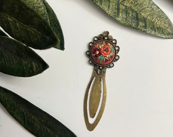 Large Floral Embroidered Fall Flower Bookmark - Bronze Floral Lace Filigree Metal Book Mark - Pink Red Bright Roses Flowers