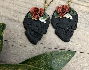 Tiny Miniature Handmade Sculpture Necklace - Polymer Clay Mini Wearable Art - Floral Bouquet Flower - Hand Sculpted Pendant Goth Skull