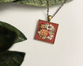 Square Feminine Hand Embroidered Necklace Pendant - Bouquet of Yellow Orange Teal Fall Roses Flowers - Modern Floral Embroidery Jewelry