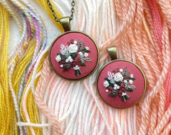 Floral Feminine Hand Embroidered Necklace Pendant - Bouquet of Pink, Peach Leaf Flowers - Bronze Pendant - Embroidery Jewelry