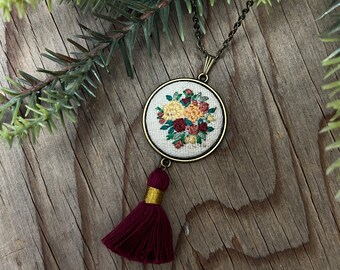 Dark Red Burgundy Tassel Hand Embroidered Necklace Pendant - Bouquet Delicate Rose Flowers - Cotton Fabric - Antiqued Bronze Gold