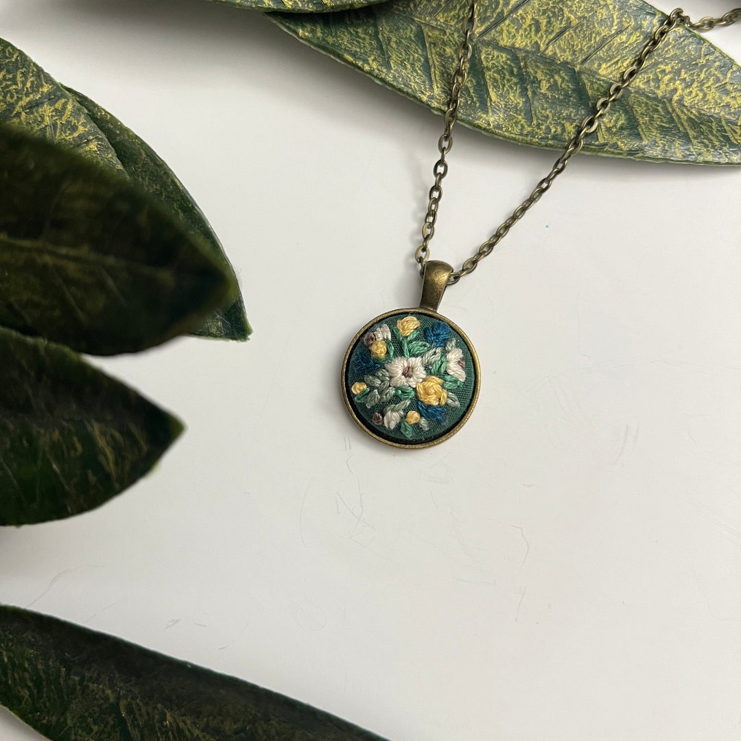 Floral Feminine Hand Embroidered Necklace Pendant Bouquet of Blue Yellow Leaf Flowers Bronze