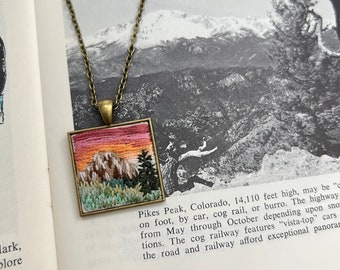 Hand Embroidered Necklace Pendant - Sunset Sunrise Landscape Mountain Scene on Cotton Fabric - Antiqued Bronze Gold